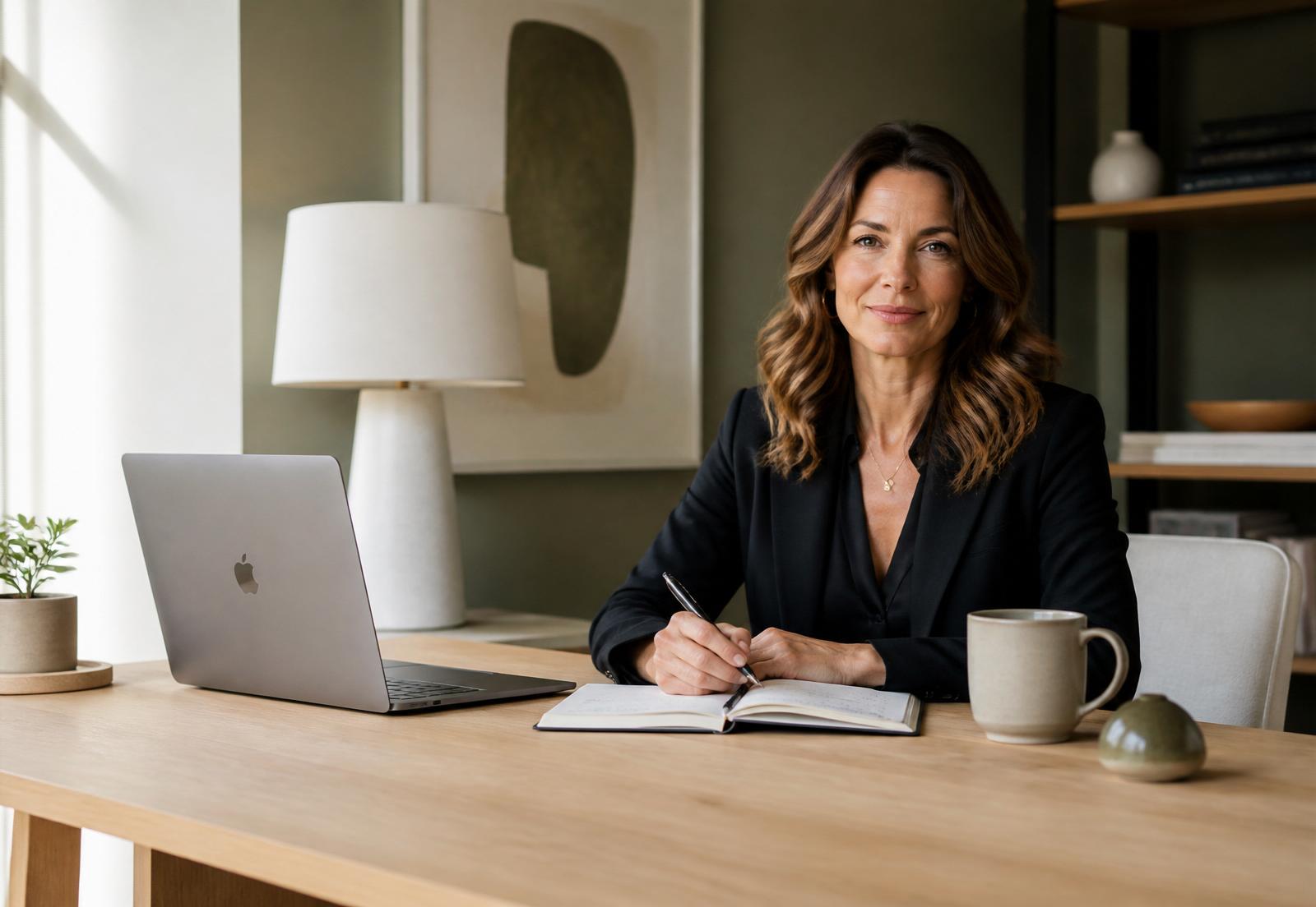 Entrepreneure sereine en train de piloter son activité depuis son bureau